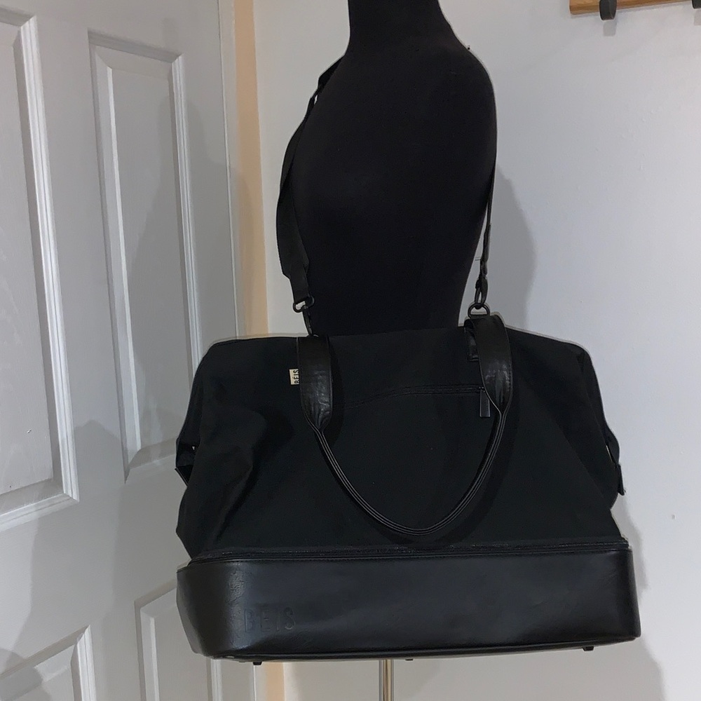 BIES Black faux leather and Canvas weekender Tote Bag